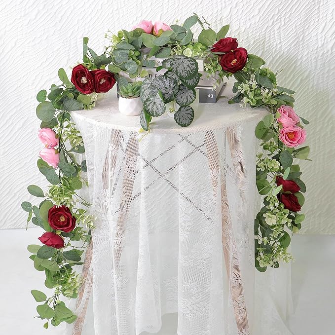 TOCHGREEN 4 Pack Artificial Eucalyptus Flower Garland with Red and Pink Roses, Fake Rose Flower Greenery Garland Floral Vines for Wedding Home Party Table Runner Decor (Red Pink, 4PCS)