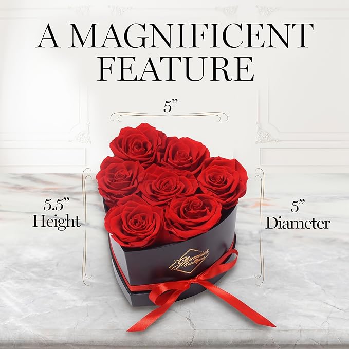 GLAMOUR BOUTIQUE 7 Flower Forever Heart Shape Box, Eternal Preserved Roses Gift for Her, Lasting Flowers, Petite Floral Heart Box for Birthday, Anniversary or Valentine’s Day, Red (Color-Treated)