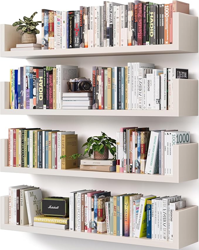 Wall Bookshelf, Set of 4, U Shaped Floating Bookshelf, Hanging Bookshelves for Wall, Wall Mounted Shelves for Living Room Bedroom Office (White, 23.6 Inches, 4)