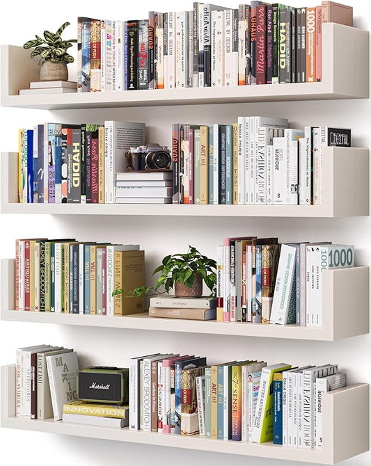 Wall Bookshelf, Set of 4, U Shaped Floating Bookshelf, Hanging Bookshelves for Wall, Wall Mounted Shelves for Living Room Bedroom Office (White, 23.6 Inches, 4)