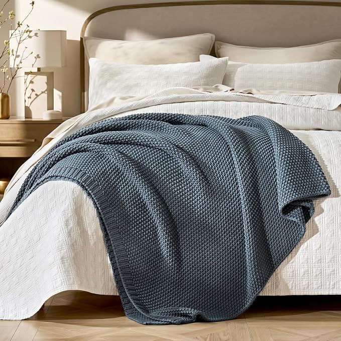 EverGrace Organic Cotton Chunky Knit Throw Blanket, 50 x 60 Dusk Blue | OCS Certified Organic Cotton, Seed Stitch Knit, Soft & Breathable, Cozy Midweight, Decorative Throw for Couch, Bed & Sofa