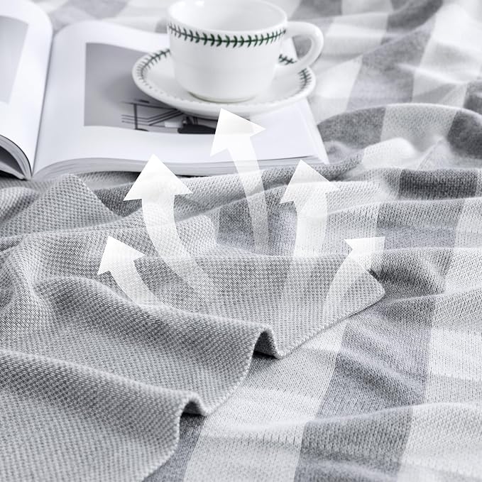 BOV Knit Checkered Throw Blanket - 100% Viscose Silky Super Soft Breathable Lightweight Decorative Throw Blanket for Year-Round Comfort, Perfect Self Care Gifts for Women & Men, Heather Grey 50"x60"