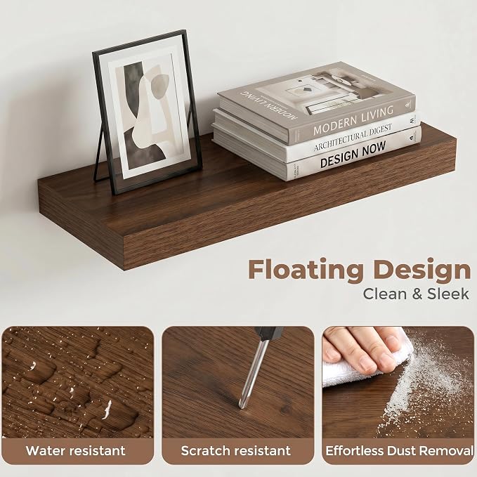 Venusmiles Floating Shelves for Wall, 16 Inch Floating Shelves Set of 2, 6.5" D Wooden Wall Mounted Display Shelves with Invisible Brackets for Living Room, Bedroom, Bathroom, Kitchen Decor, Walnut