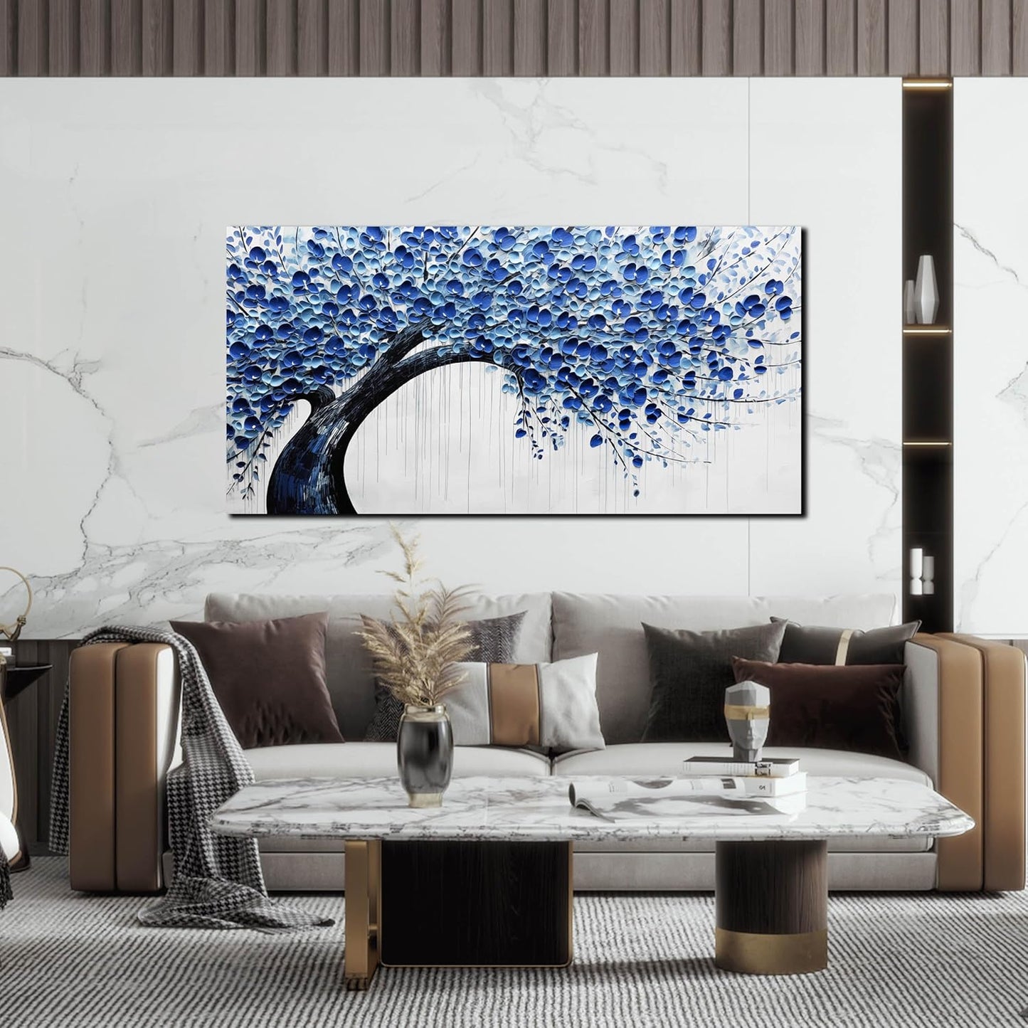 Large Wall Art for Living Room Bedroom Home Office Blue Tree of Life Wall Art Floral Picture Framed Wall Decor Modern Canvas Prints 24x48 In