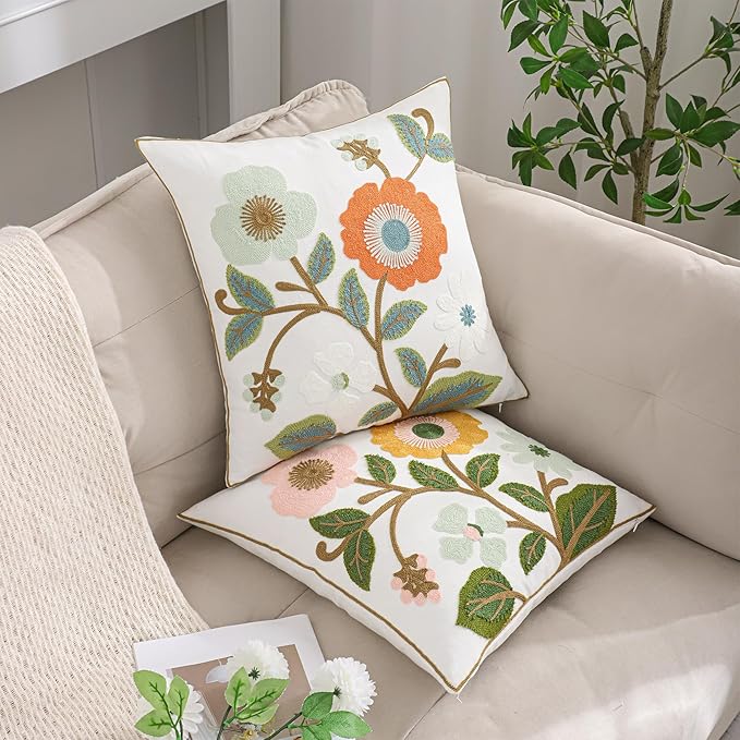 Spring Pillow Covers 18x18 Set of 2 Embroidery Throw Pillow Covers Yellow and Pink Flowers with Green Leaves Farmhouse Pillow Cushion Case Summer Foral Decorative Farm Pillowcases