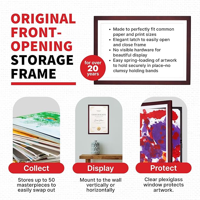 Dynamic Frames Li’l Davinci Art Cabinet, Stores up to 50 Pieces of 12 x 18 inch Art, Outer Wooden Frame Dimensions 14.75 x 20.75 inches, Kids Art Frame, Front Opening, Universal Hanging, Cherry