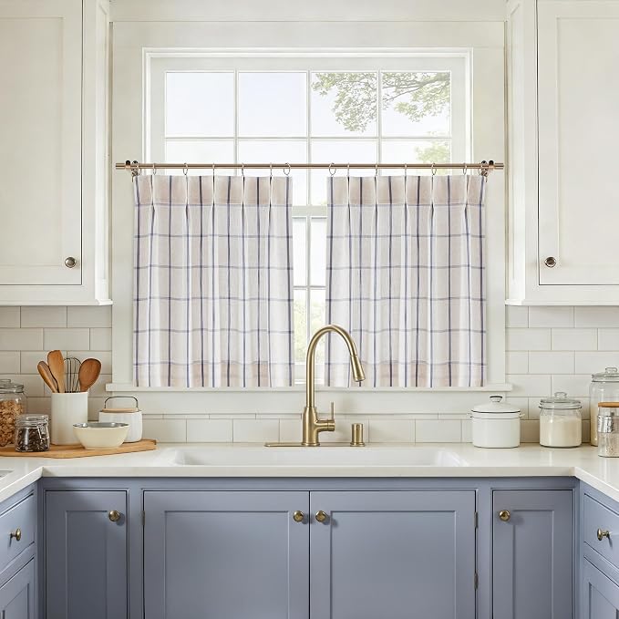 Vision Home Blue Plaid Linen Pinch Pleated Tier Curtains 24 inch, Checkered Semi Sheer Kitchen Curtains with Back Tab & Hooks, Light Filtering Small Window Panels for Bathroom Laundry, 25" Wx24 Lx2