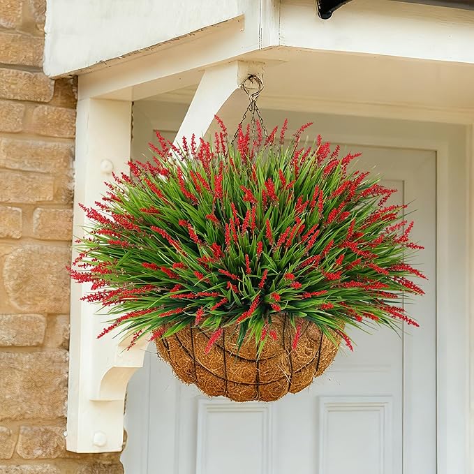Ivydale 20PCS Artificial Plants Fake Flowers Monkey Grass for Outdoors,UV Resistant Realistic Red Faux Greenery Shrubs Outside Decor for Home Garland Porch Patio Balcony Planter Yard Office Pathway