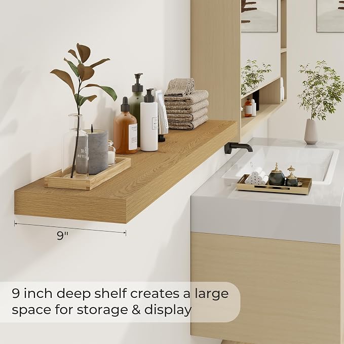 Dreamland 48Inch Oak Floating Shelves 9.3" Deep Wall Mounted Set of 2 | Wall shelves for bathroom, bedroom, kitchen, deep wall mount wood storage display for home decor 48" x 9.3"