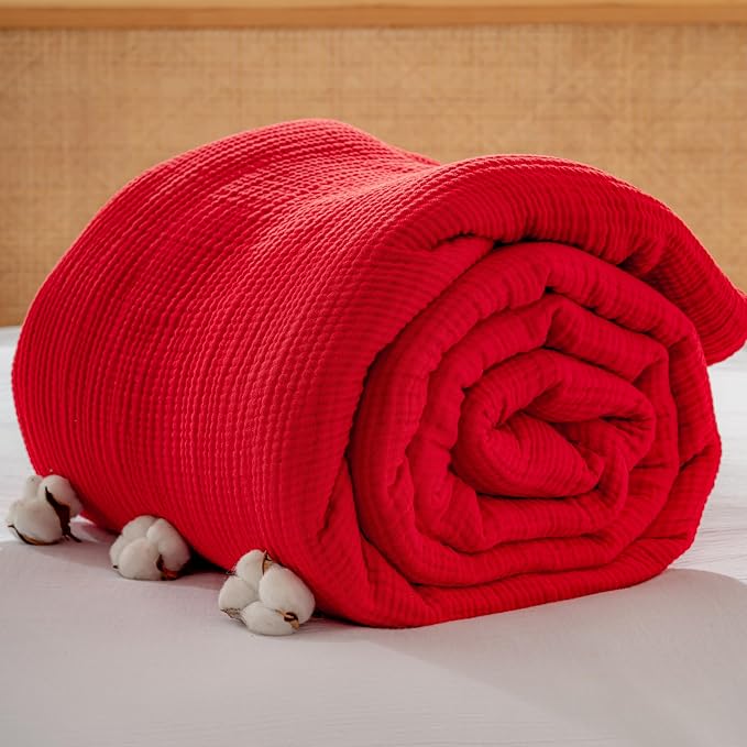 Muslin Blanket - Pure 100% Turkish Cotton Airy Soft Light Versatile Gauze Throw Blanket for Bed, Couch, Sofa (Red, King Size (95" x 110" inch))