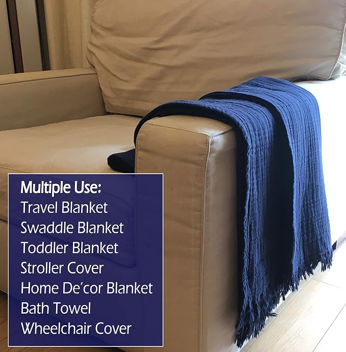 KyraHome 100% Organic Cotton Throw Blanket, 50"x60", Pre-Washed Plant Dyed, Breathable, Lightweight Gauze Muslin Blanket for Adult, Couch, Bed, Travel, All Season (Navy)