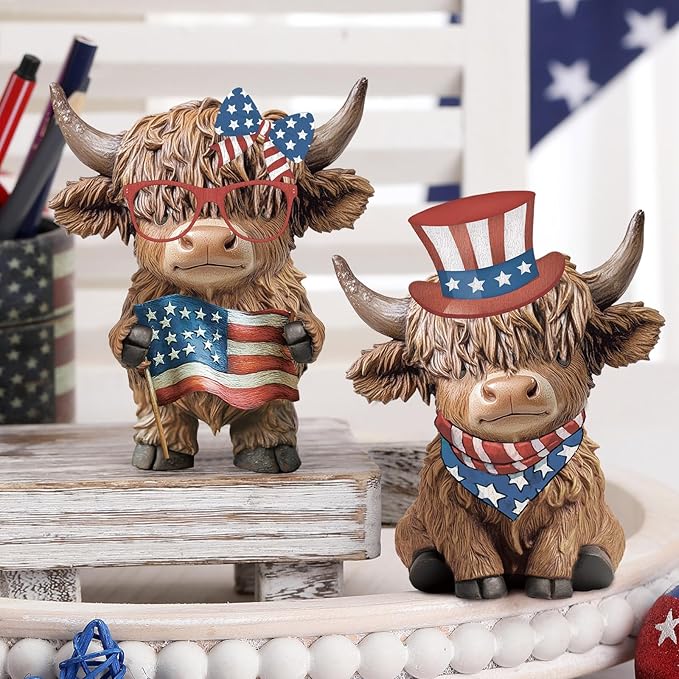 Karenhi 2 Pcs Patriotic Highland Cow Decor American Flag Figurines for 4th of July Memorial Day, Red White Blue Resin Cow Statues for 250th Anniversary Home Table Garden Decor