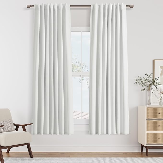 Guken White 100% Blackout Linen Curtains 52 Inch Wide by 64 Inch for Living Room Bedroom Back Tab Thermal Insulated Black Out Linen 2 Drapes Room Darkening Window Curtains