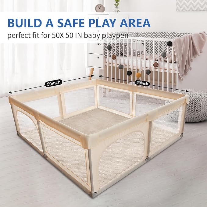 Huloo Sleep 2" Thick Extra Safety Baby Play Mat for Floor,Ultra Soft Elasti-Foam 50x50 Playpen Mat for Toddlers Infant Kids,Non-Slip Backing Safe for Crawling&Tummy Time,Tatami Style (Beige)