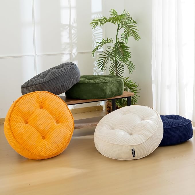 HIGOGOGO 6" Extra Thick Floor Pillow Cushion for Adults, Meditation Cushion Pillow, Large Round Floor Sitting, Tufted Corduroy Cover, for Tatami Living Room or Yoga, 22x22 Inch, 2Pack, Dark Green