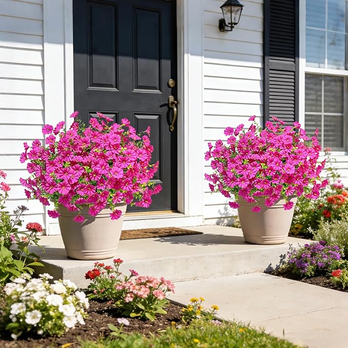 Ouddy Decor 24 Bundles Artificial Flowers for Outdoors, Fake Petunias Flowers Silk Morning Glory with Eucalyptus Faux Plants for Indoor Outside Spring Summer Yard Garden Porch Home Decor, Rose Red