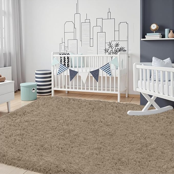 8x10 Area Rug for Living Room, Ultra Soft Fluffy Shag Rugs for Bedroom, Non-Slip Large Fuzzy Plush Rug Indoor Floor Carpet for Nursery Kids Office Dorm Modern Decor, Gray Camel