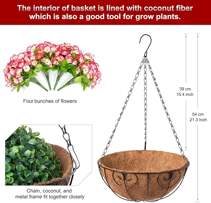 Ammyoo Artificial Hanging Flower Plants with Basket for Outdoor Decoration, Faux Petunias Flowers Fake Morning Glories Planter for Outside Patio Garden Porch Balcony Yard Decor(Pink)