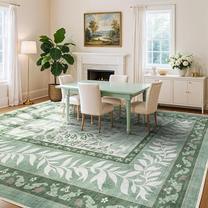 LIANLAM Washable Rug 10x14 Area Rugs for Living Room - Stain Resistant Non-Slip Backing Floral Design Rug for Bedroom,Durable & Ultra-Thin Vintage Large Area Rug(10x14,Green)