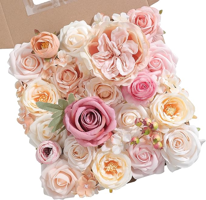 rongflower Artificial Flowers Combo Box Set Champagne Pink Fake Flower Leaves Box with Stems for DIY Wedding Bouquets Centerpieces Arrangements Bridal Shower Party Home Decorations