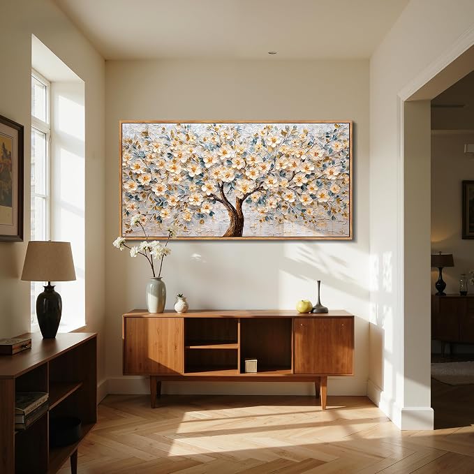 imjiayu Tree of Life Wall Art, Extra Large Wall Art, Abstract Art Wall Decor, Cherry Blossom Tree Framed Art, Neutral Floral Nature Prints, Rustic Paintings for Living Room Dining Room Office 29"x57"