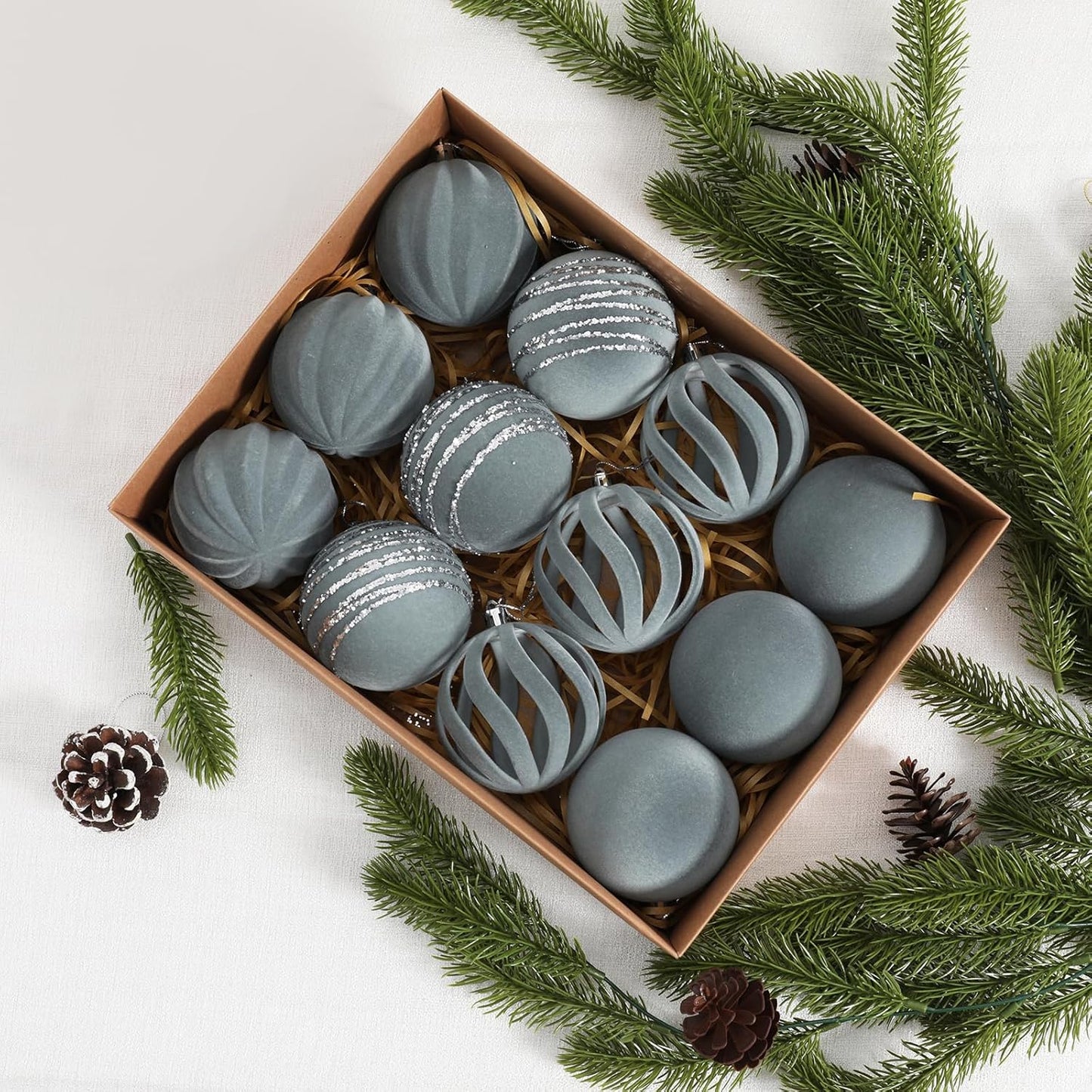 Christmas Ornaments Set of 12, 3.15" Flocked Velvet Balls with Hand Painted Designs, Dusty Blue Elegant Christmas Tree Decorations in Gift Box