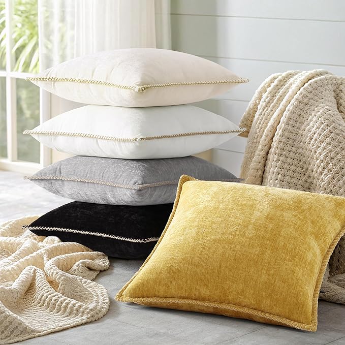 decorUhome Summer Chenille Soft Cozy Throw Pillow Covers 18x18 Set of 2, Modern Farmhouse Boho Velvet Decorative Pillow Cases with Stitched Edge for Couch Sofa Bed Home Decor, Mineral Yellow