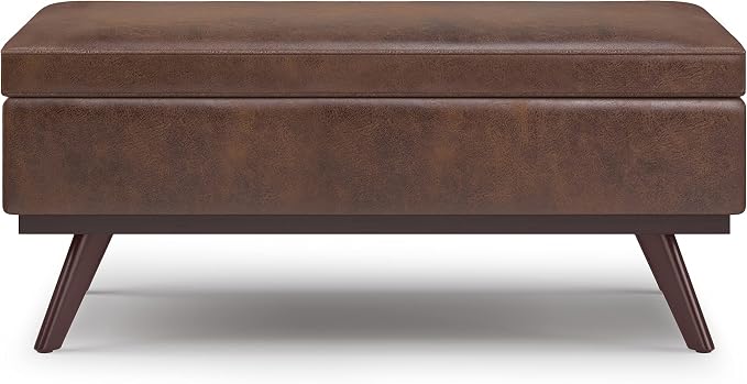 SIMPLIHOME Owen Lift Top Coffee Table Storage Ottoman - 42 inch Wide Upholstered Vegan Leather Rectangular Lift-Top Ottoman in Distressed Chestnut Brown, Mid-Century Modern Ottoman for Living Room