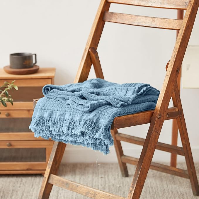 FALUCA Cotton Muslin Throw Blanket 50x60 Inches for Bed, Couch, Knit Woven Gauze Blanket, Soft Lightweight Cozy Breathable Farmhouse Decoration for All-Season, Dusty Blue