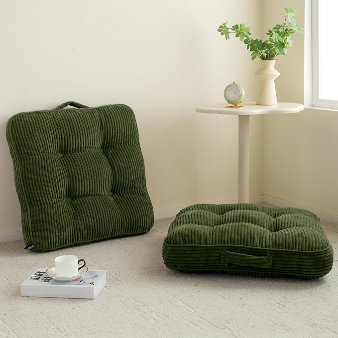 HIGOGOGO Floor Pillow Cushion for Adults, Meditation Cushion Pillow, Large Square Floor Sitting, Tufted Corduroy Cover, for Tatami Living Room or Yoga, 2Pack, Dark Green