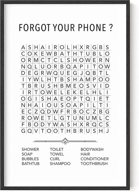 HAUS AND HUES Funny Bathroom Decor – Word Search Wall Art for Kids, Humorous Bathroom Print, Fun Guest Bath or Powder Room Sign (24x36, Black Frame)