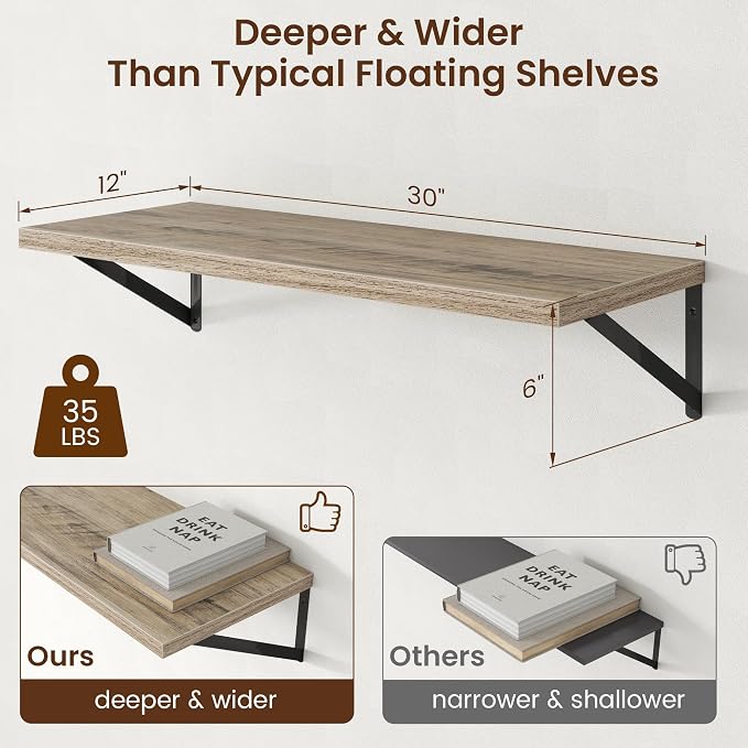 Axeman 12 Inch Deep Grey Floating Shelves 30 Inches Long | Rustic Grey Wood Wall Shelves Set of 2, Deep Wall Shelves for Bookshelf Living Room Bathroom Kitchen