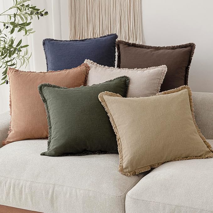 Foindtower Set of 2 Decorative Linen Fringe Throw Pillow Covers Boho Farmhouse Cushion Cover with Tassels Accent Pillowcase for Couch Chair Sofa Bed Living Room Home Bedroom Decor,12×24 Inch,Tan Beige