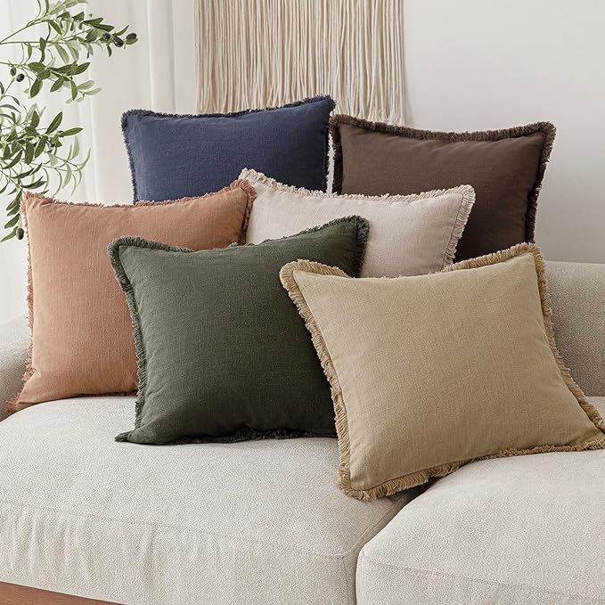 Foindtower Set of 2 Decorative Linen Fringe Throw Pillow Covers Boho Farmhouse Cushion Cover with Tassels Accent Pillowcase for Couch Chair Sofa Bed Living Room Home Decor,22×22 Inch,Tan Beige
