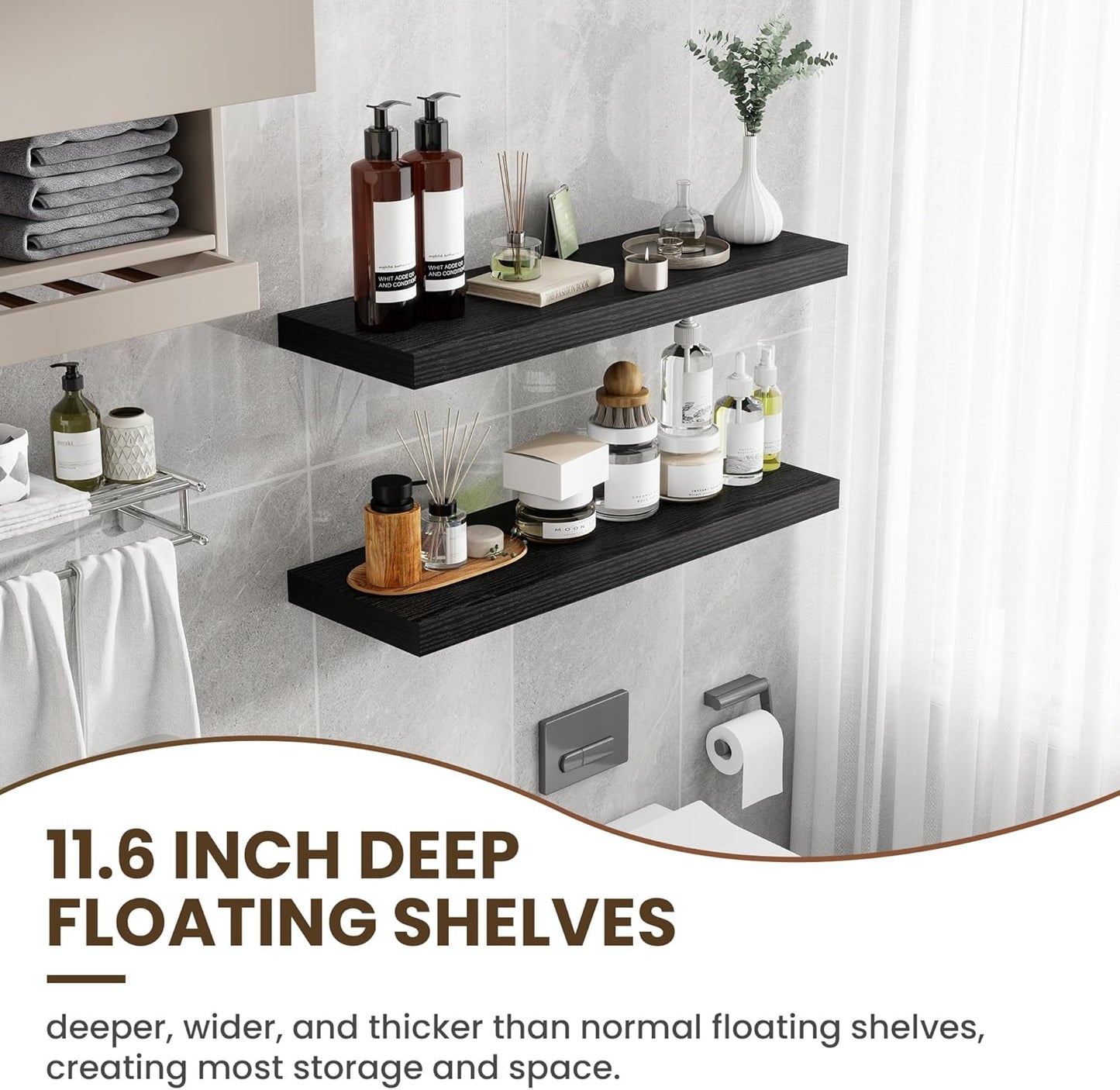 36 Inch Floating Shelves, 12 Inch Deep Floating Shelves for Wall, Floating Shelf with Invisible Brackets, Deep Shelves for Bathroom, Bedroom, Living Room, 2 Pack, Black
