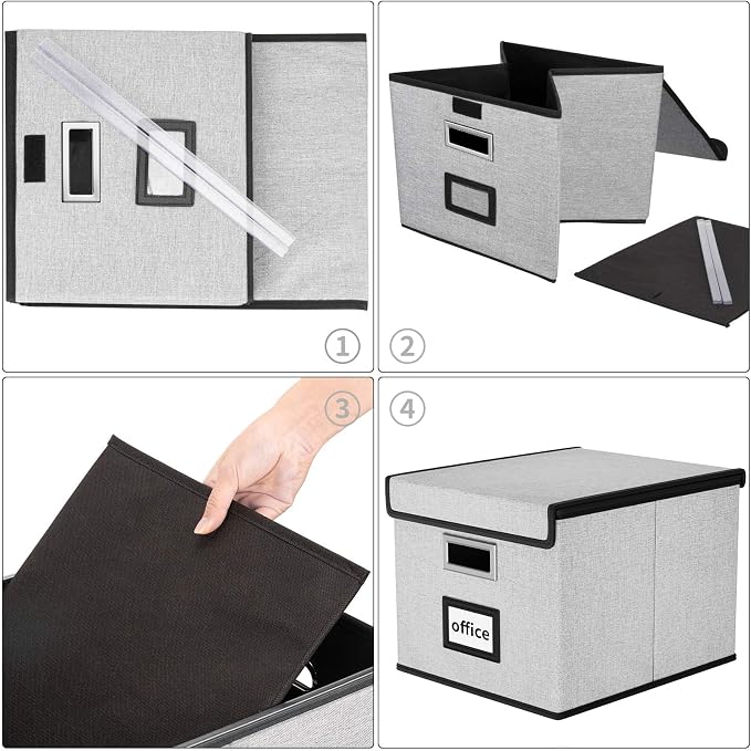 Portable File Organizer Boxes Set of 4, Large Linen Hanging Office Document Storage Boxes with Lids, Collapsible Filing & Storage Boxes for Office/Decor/Home - 14.9 x 12.7 x 10.8 inch