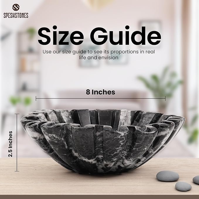 Marble Decorative Bowl Handmade 8 Inch Black Ruffle Bowl, Fruit Bowl for Kitchen Counter, Large Scalloped Bowls for Housewarming Gifts, Modern Fluted Bowl for Home Decor