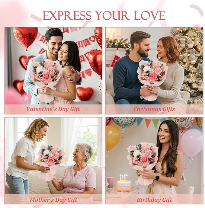 Flowers for Delivery Prime Preserved Flowers Bouquet with Vase That Last 3-5 Years Real Forever Flowers Pink Rose Bouquet for Mom Mother Women Wife Friends Birthday Mothers Day Gifts