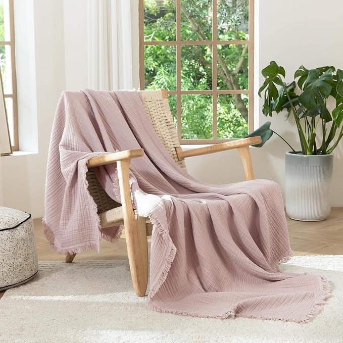 MooMee Muslin Blanket - 100% Cotton 4-Layer Gauze Throw Blanket with All-Around Fringe, Soft Breathable Lightweight Cooling Summer Blankets for Bed Couch(Greyish Pink,Super King 108" x 98")