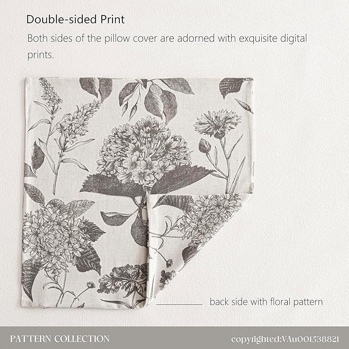 Foindtower Set of 2 Linen Floral Throw Pillow Covers Vintage Accent Print Decorative Cushion Covers Farmhouse Boho Home Decor for Sofa Chair Couch Bedroom Living Room,24×24 Inch,Light Gray