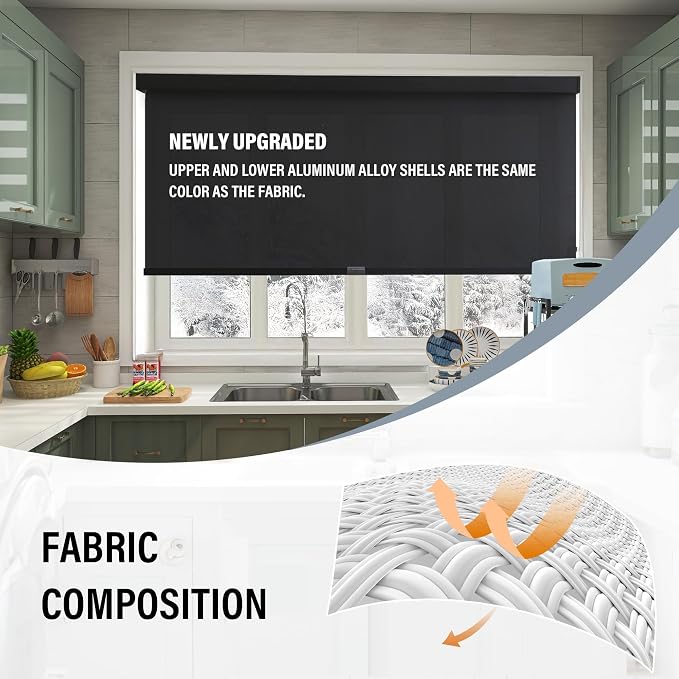 AOSKY Light Filtering Roller Shades Cordless Blinds for Windows, 1% Openness Free-Stop Shades with Valance, Thermal Insulated Fabric, UV Protection, Natural Woven Blinds（26" W x 72" H, Black）
