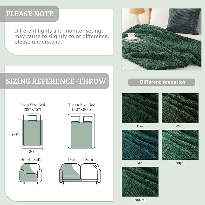 Battilo Dark Green Chunky Knit Throw Blanket, Soft and Thick Chirstmas Green Chenille Throw Blanket, 50"x60" Handmade Cable Knit Crochet Blanket, Knot Knitted Throw Blankets for Couch Home Decor