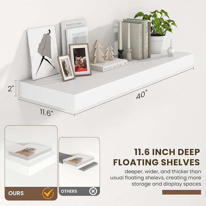 FLYJOE Deep Floating Shelves | 40 Inch White Floating Shelves Set of 2 | 12 Inch Deep Wood Wall Shelves | 40" W x 12" D White Shelves for Bathroom Living Room Kitchen Laundry Room