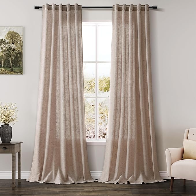 Oatmeal Linen 102 Inch Long Curtains for Living Room 2 Panels Back Tab Pocket Semi Sheer Light Filtering Curtains Bohemian Rustic Solid Color Drapes for Sliding Glass Door Bedroom 40x102 Inches