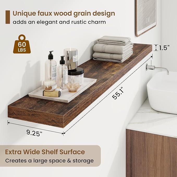 55in Floating Shelves for Wall, 55"W x 9.25"D x 1.5"H, Long Wall Mounted Engineered Wood Shelves with Invisible Brackets for Living Room, Bedroom, Bathroom, Kitchen Decor and Storage, Rustic Brown