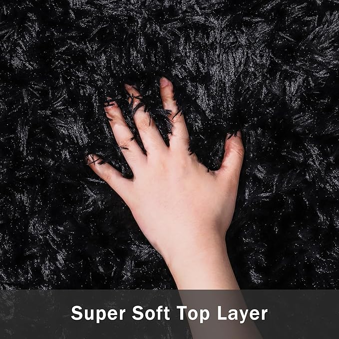 4x6 Area Rug for Living Room:Ultra Soft Fluffy Shag Black Rugs,Large Fuzzy Plush Indoor Non Slip Carpet Washable Rug for Bedroom Kids Nursery Office Dorm Modern Decor(Black 4'x6')