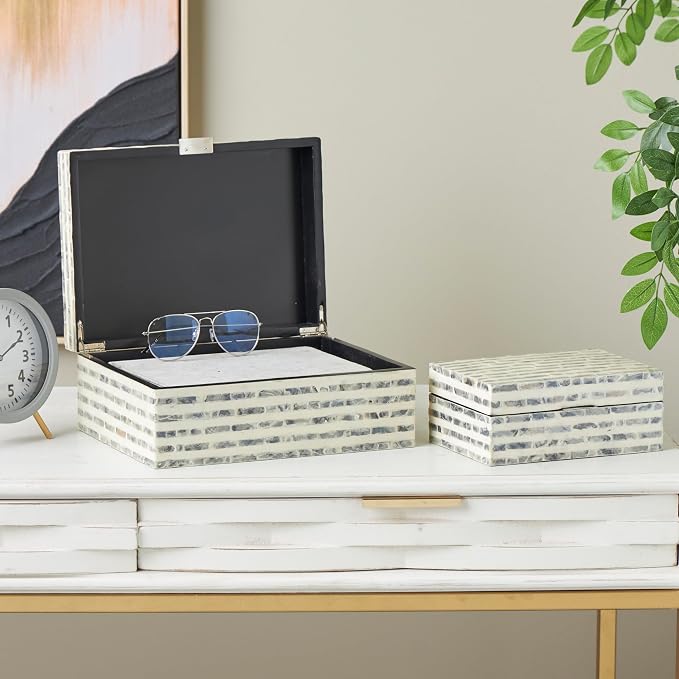 Deco 79 Mother of Pearl Shell Geometric Handmade Decorative Box Linear Mosaic Storage Decorative Keepsake Box with Cream Underlay, Set of 2 Storage Box 12", 8"W, Cream