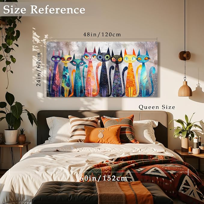 imjiayu Colorful Abstract Cat Wall Art, Boho Whimsical Kitten Canvas Print, Kitty Pictures Decor for Cat Lovers, Cute Modern Cat Wall Decor for Living Room Bedroom Kids Room, 24"x48" Ready to Hang