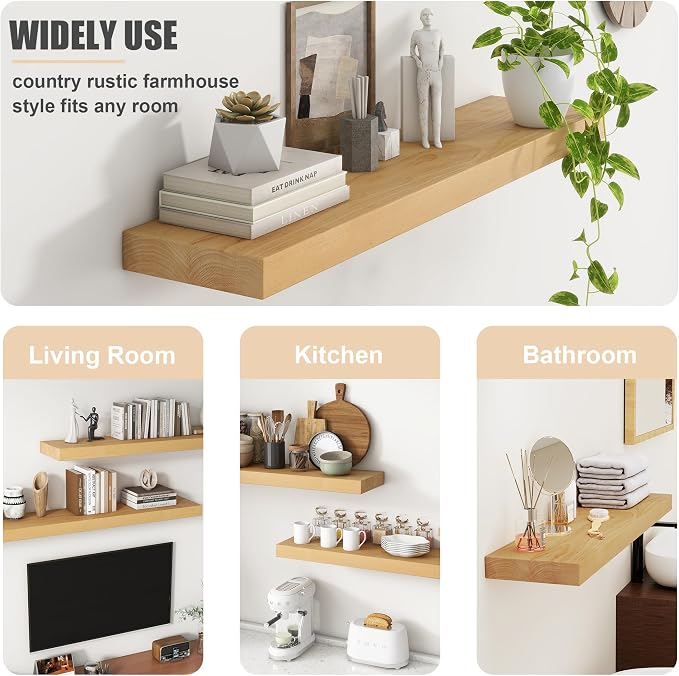 Floating Shelves for Wall, USA-Sourced Brich Wood 30 Inch Wall Shelves Set of 2, Natural Wooden Mounted Picture Ledge Shelf, Nursery Book Storage Shelf Kids Bookshelf Display, Shelf for Bathroom
