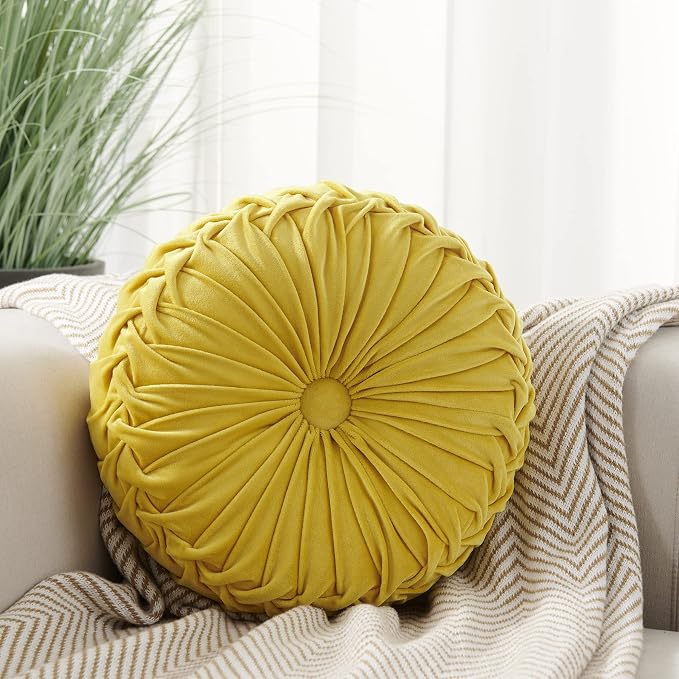 MOJUN Velvet Throw Pillow - Round, Pleated, Filled - Home Decorative Pillow for Couch, Chair, Bed, Car, Floor (Yellow, 14inch)
